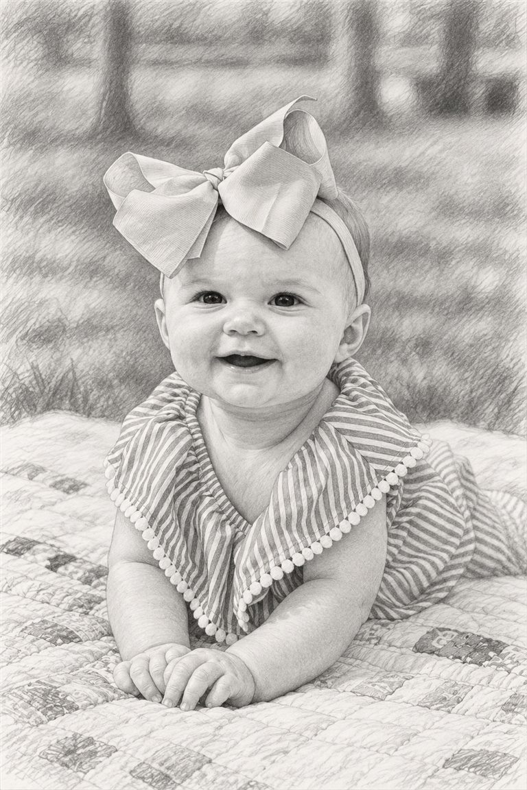 Babyfoto neben dem Entwurf in Bleistift (Entwurf)