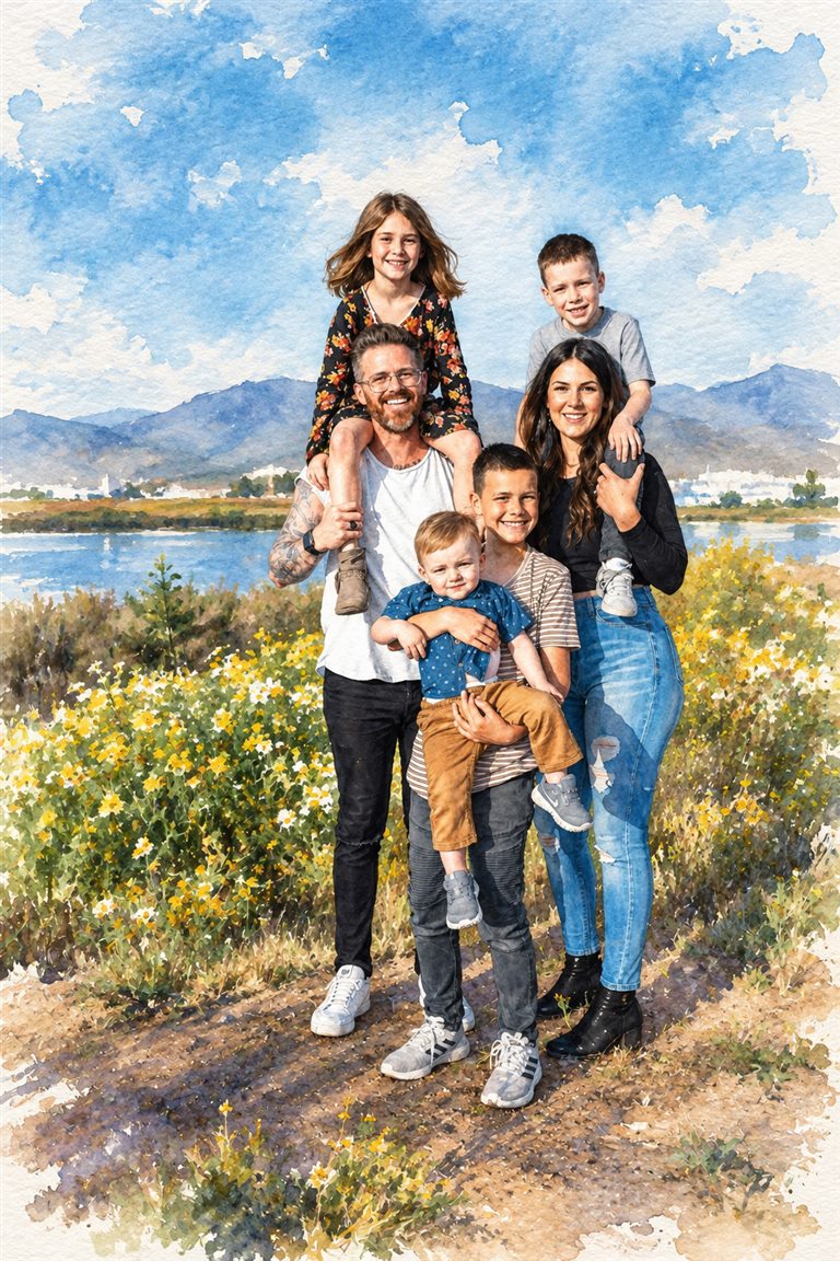 Familienfoto mit sechs Personen neben dem Entwurf in Aquarell (Entwurf)
