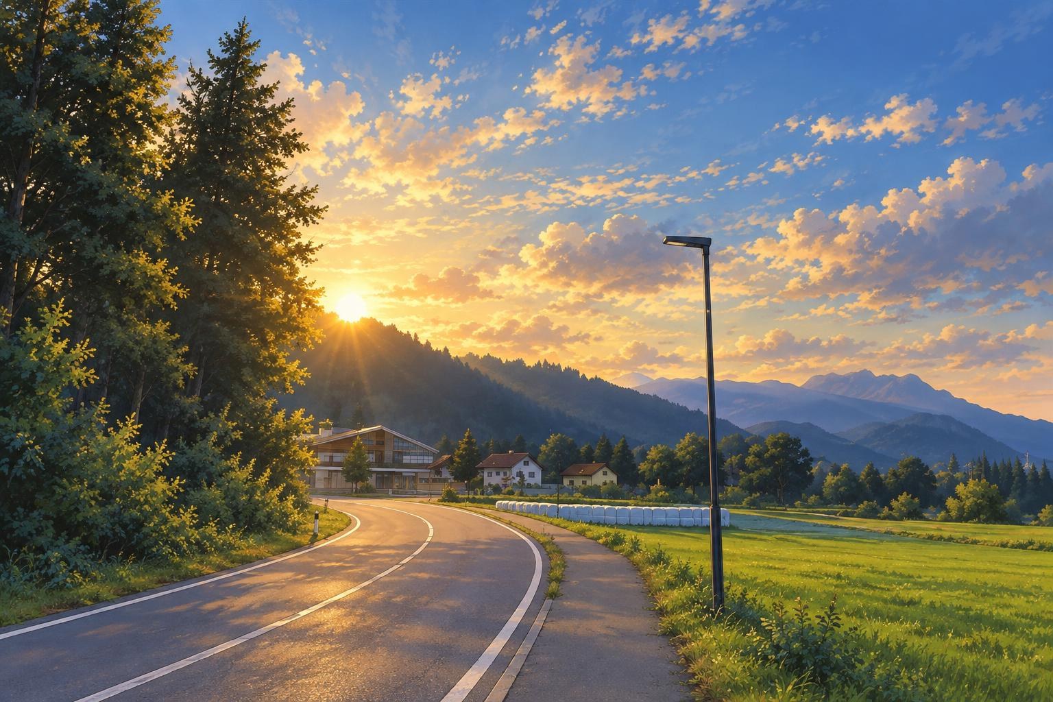 Handyfoto einer Straße am Abend mit Gegenlicht, daneben der Entwurf als Filmszene mit goldenem Licht und leuchtenden Wolken, als Vorher-Nachher-Regler, wenn machbar (Entwurf)