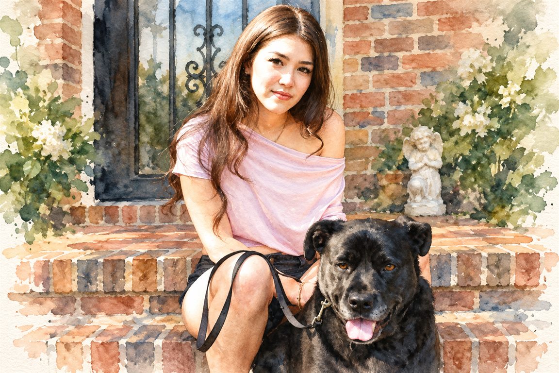 Hund mit Frau als Aquarell