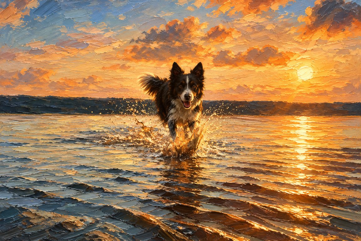 Foto eines Hundes, der bei Sonnenuntergang durchs flache Wasser läuft, neben dem Entwurf in Öl (Entwurf)