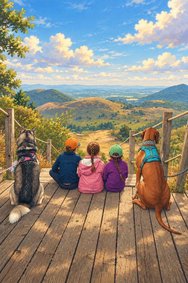 Foto von drei Kindern und zwei Hunden auf einem Holzsteg neben dem Entwurf als Filmszene (Entwurf)