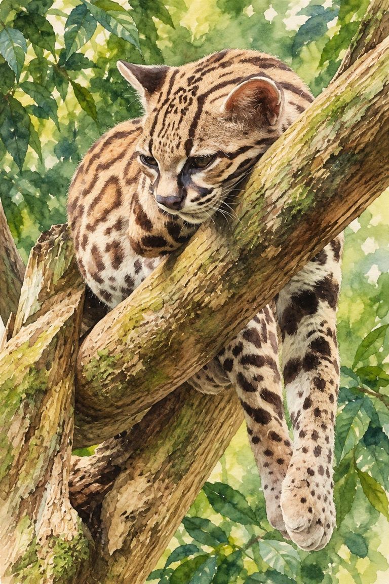Foto eines Ozelots neben dem Entwurf in Aquarell (Entwurf)