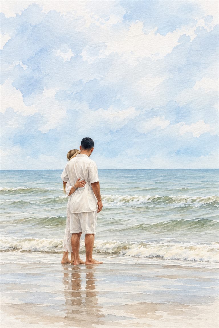 Paarfoto am Meer neben dem Entwurf in Aquarell (Entwurf)