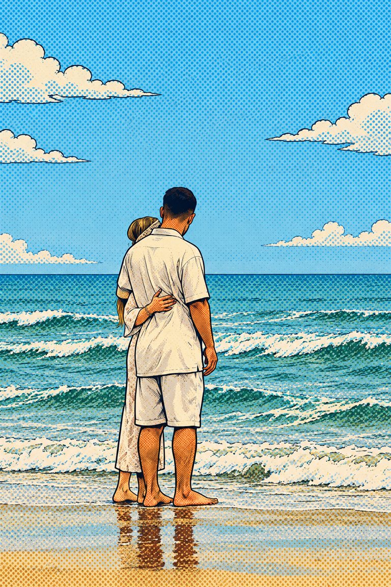 Paarfoto am Meer, blass und dunstig, daneben dasselbe Paar in Pop-Art mit Rasterpunkten im Himmel (Entwurf)