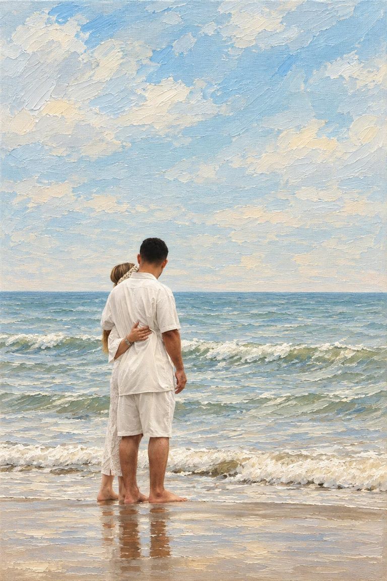 Paarfoto am Meer neben dem Entwurf in Öl (Entwurf)
