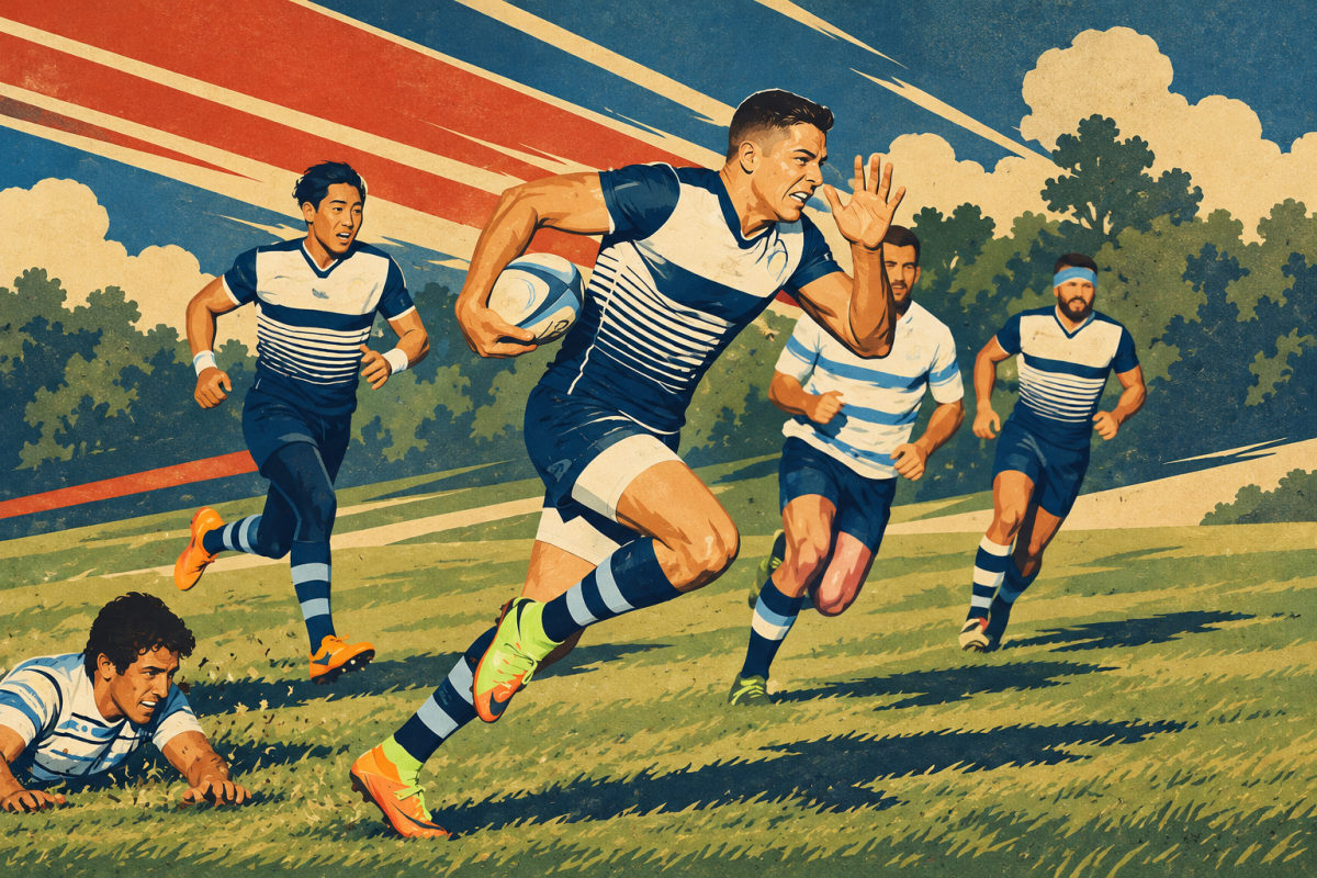 Foto eines Rugbyspiels auf einer Wiese, daneben derselbe Moment als Sportplakat mit roten und blauen Tempo-Streifen, als Vorher-Nachher-Regler, wenn machbar