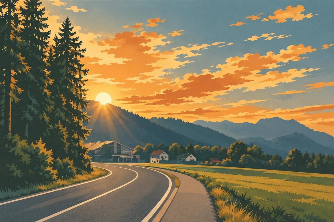 Foto einer Straße neben dem Entwurf als Vintage-Plakat „Unser Heimweg“ (Entwurf)