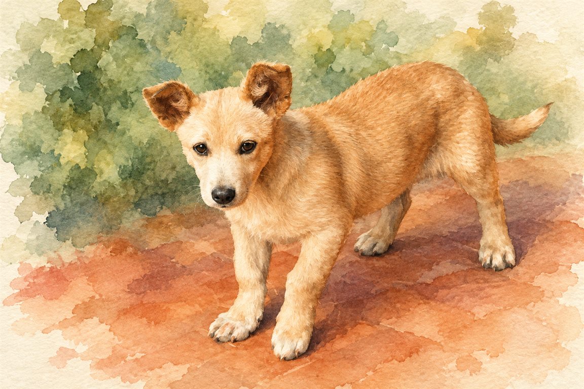 Handyfoto eines Welpen vor einer Kühltruhe neben dem Entwurf in Aquarell (Entwurf)